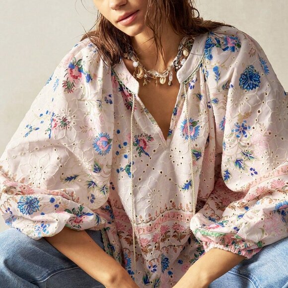 Boho Women's Plus Size Floral Print Hollow Out Embroidered Lantern Sleeve top - Picture 1 of 7